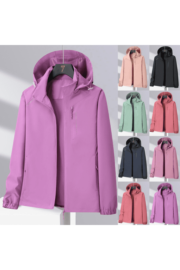 Women's Plus Size Lightweight Waterproof Windbreaker Jacket with Detachable Hood with Zippered Pockets for Hiking Travel