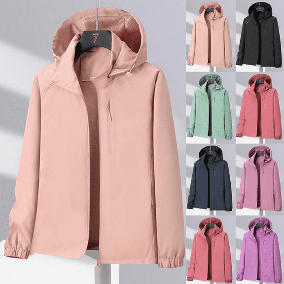 Women's Plus Size Lightweight Waterproof Windbreaker Jacket with Detachable Hood with Zippered Pockets for Hiking Travel