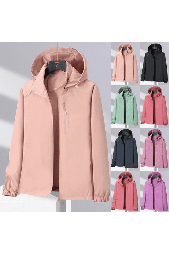 Women's Plus Size Lightweight Waterproof Windbreaker Jacket with Detachable Hood with Zippered Pockets for Hiking Travel