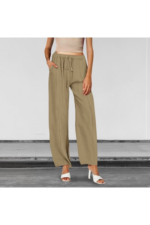 Women's Plus Size Linen Blend Pants, Casual Solid Color Straight Leg Trousers with Elastic Waist and Pockets, Loose Fit Wide Leg Maxi Pants for Daily Wear, Vacation and Street Style Khaki XXL