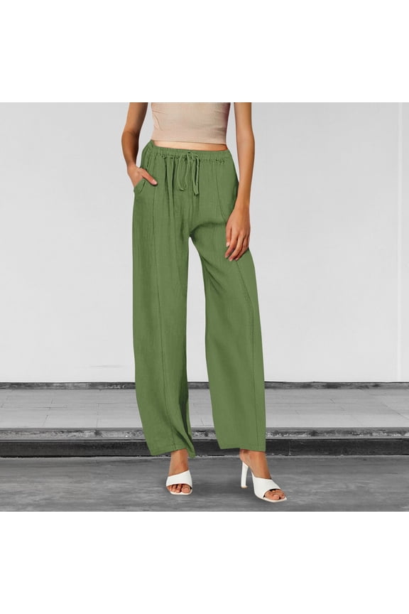 Women's Plus Size Linen Blend Pants, Casual Solid Color Straight Leg Trousers with Elastic Waist and Pockets, Loose Fit Wide Leg Maxi Pants for Daily Wear, Vacation and Street Style Green XXL