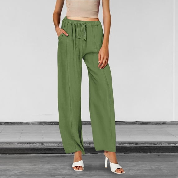 Women's Plus Size Linen Blend Pants, Casual Solid Color Straight Leg Trousers with Elastic Waist and Pockets, Loose Fit Wide Leg Maxi Pants for Daily Wear, Vacation and Street Style Green XXXL