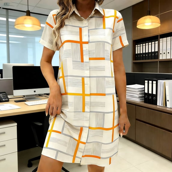 Women's Plus Size Linen Blend Short Sleeve Dresses Solid Color Loose Shirt Collar Casual Dress