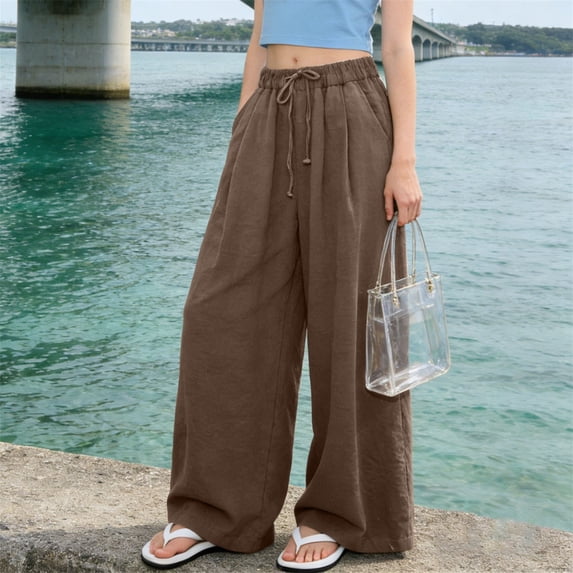 Women's Plus Size Linen Cotton Wide Leg Pants, Elastic Drawstring Waist Loose Fit Palazzo Pants, Breathable Casual Resort Style Trousers for Vacation and Daily Wear Brown M