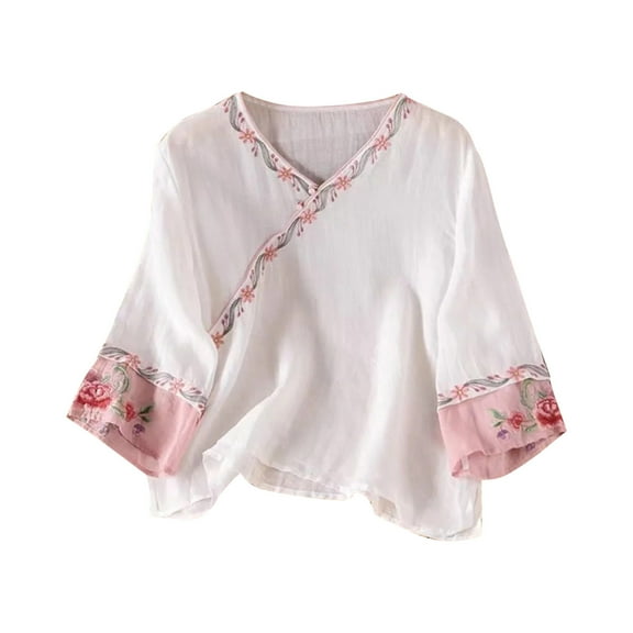 Women's Plus Size Linen Embroidered Tops with Buttons 3/4 Sleeve V Neck Casual Dressy Blouses for Spring Fall Summer (2XL, White)