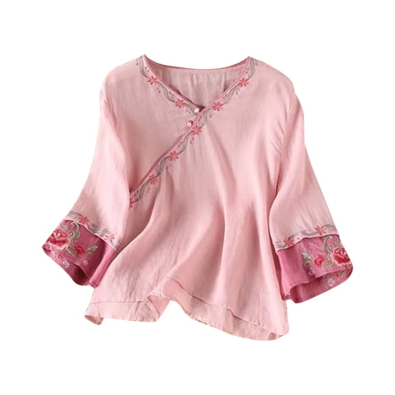 Women's Plus Size Linen Embroidered Tops with Buttons 3/4 Sleeve V Neck Casual Dressy Blouses for Spring Fall Summer (4XL, Pink)