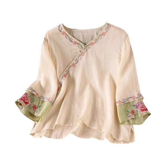 Women's Plus Size Linen Embroidered Tops with Buttons 3/4 Sleeve V Neck Casual Dressy Blouses for Spring Fall Summer (XL, Beige)
