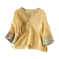 thumbnail image 1 of Women's Plus Size Linen Embroidered Tops with Buttons 3/4 Sleeve V Neck Casual Dressy Blouses for Spring Fall Summer (XL, Yellow), 1 of 3