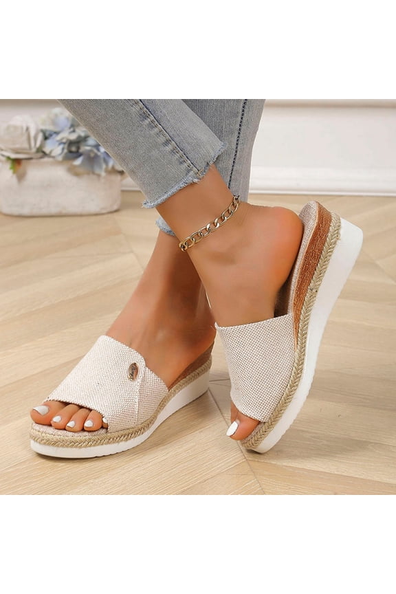 Women's Plus Size Linen Espadrille Wedge Slide Sandals, Open Toe Comfort Mules, Breathable and Lightweight for Summer, Casual Wear and Outdoor Activities Beige 37