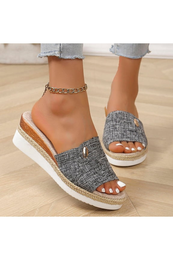 Women's Plus Size Linen Espadrille Wedge Slide Sandals, Open Toe Comfort Mules, Breathable and Lightweight for Summer, Casual Wear and Outdoor Activities Gray 37