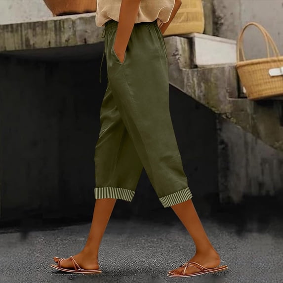 Women's Plus Size Linen-Look Capris with Pockets and Elastic Waist Summer Casual Solid Color Pants