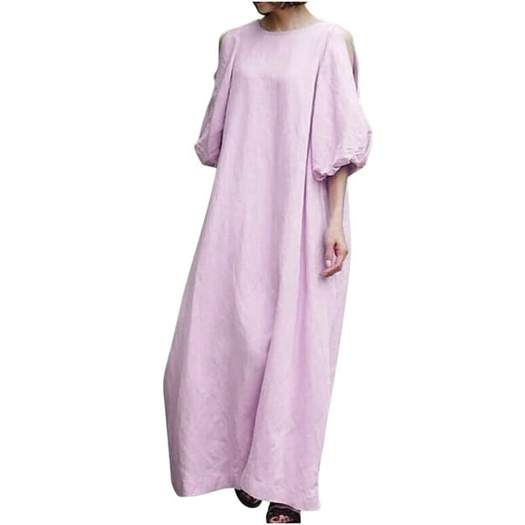 Women's Plus Size Linen Maxi Dress Cute Puff Sleeve Off Shoulder Solid Long Dress Simple Loose Flowy Beach Dress