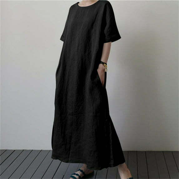 Women's Plus Size Linen Oversized Solid Color Short Sleeve Drawstring Waist Belted Maxi Dress With Slit Women Fitted Dresses Tummy Hiding Dresses for Women Knee Length Summer Dress Dress for Women