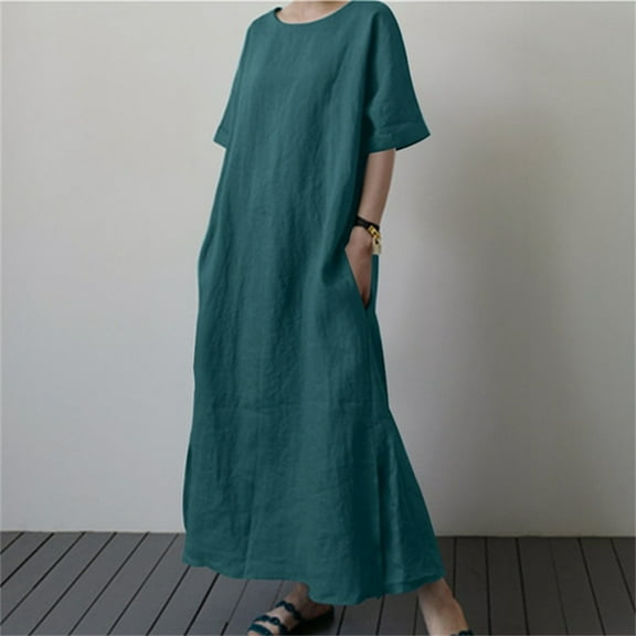 Women's Plus Size Linen Oversized Solid Color Short Sleeve Drawstring Waist Belted Maxi Dress With Slit Women Fitted Dresses Tummy Hiding Dresses for Women Knee Length Summer Dress Dress for Women