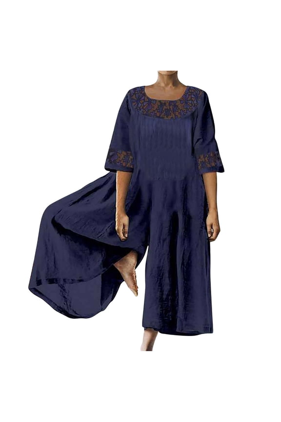 Women's Plus Size Linen Rompers Jumpsuits Pleated Summer Casual Palazzo Light Baggy Wide Leg One Piece Playsuit