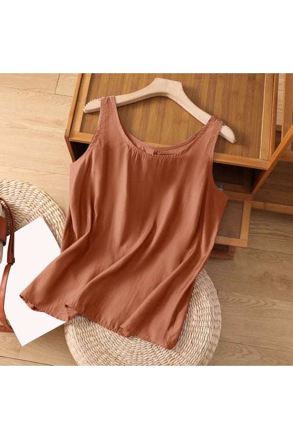 Women's Plus Size Linen Tank Top, Loose Fit Sleeveless Casual Vest, Solid Color Lightweight Summer Top for Vacation, Daily Wear and Street Style Coffee M