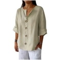 thumbnail image 1 of Women's Plus Size Linen Tops V Neck Button Up Shirts 3/4 Sleeve Solid Color Loose Casual Blouses S-5X (S, Beige), 1 of 6