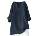 thumbnail image 1 of Women's Plus Size Linen Tunic Tops Loose Fit Casual Solid Color V Neck Long Sleeve T Shirts Fall Spring Fashion (4X-Large, Navy), 1 of 1