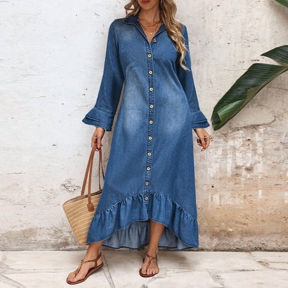 Women's Plus Size Long Denim Dress, Flare Sleeve Button Front Ruffle Hem Maxi Dress, Fall Casual Commute Wear