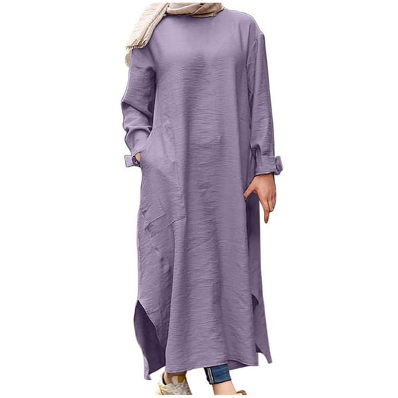 Women's Plus Size Long Dress Round Neck Loose Casual Cotton Maxi Dress Long Sleeve Solid Comfortable Home Dress with Pockets