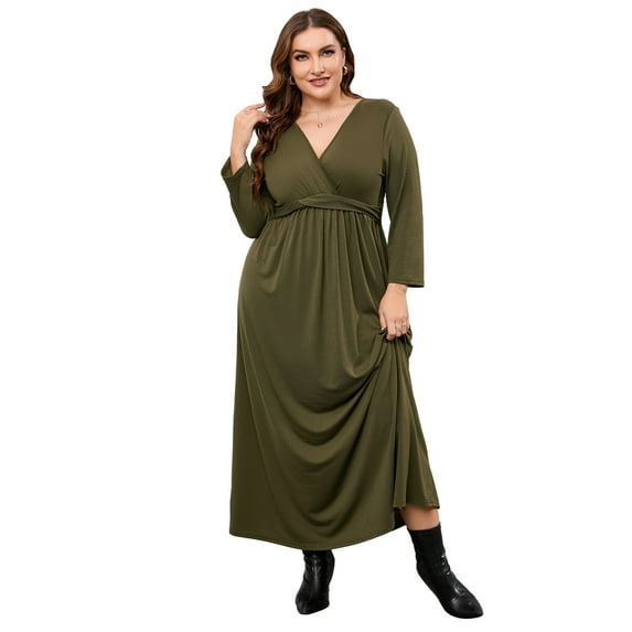 Women's Plus Size Long Dress Short Sleeve V Neck Empire Waist Beach Party Dresses
