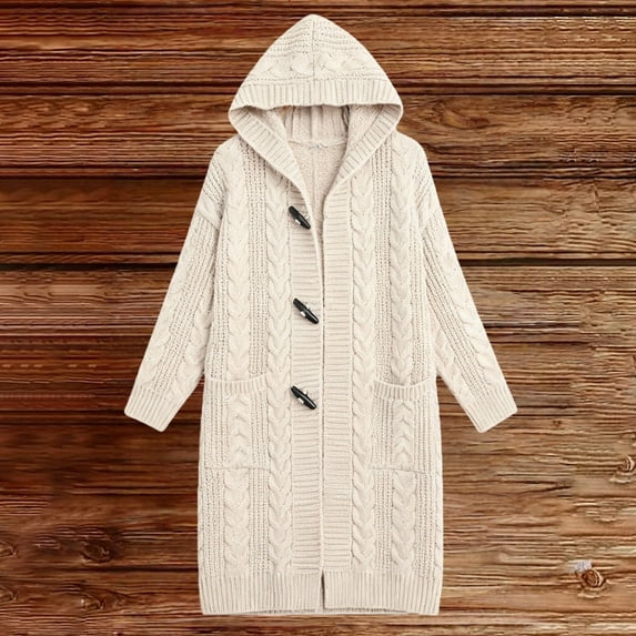 Women's Plus Size Long Hooded Cardigan, Cable Knit Open Front Sweater, Winter Warm Knit Jacket, Mid-Length Outerwear, Casual Loose Fit Coat White XL