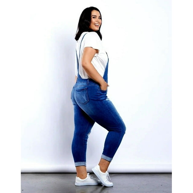 Women's Plus Size Long Overalls Jumpsuit Distressed Stretch Denim Jeans