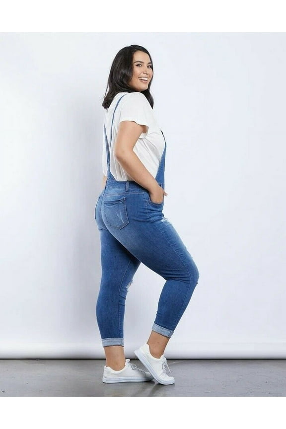 Women's Plus Size Long Overalls Jumpsuit Distressed Stretch Denim Jeans
