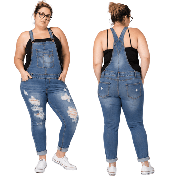 Women's Plus Size Long Overalls Jumpsuit Distressed Stretch Denim Jeans