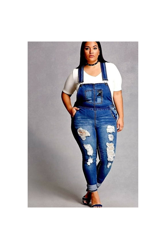 Women's Plus Size Long Overalls Jumpsuit Distressed Stretch Denim Jeans