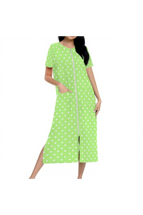 Women's Plus Size Long Robe Short Sleeve Zip-Front Bathrobes Sleepshirts Robes Full Length Housecoat with Pockets