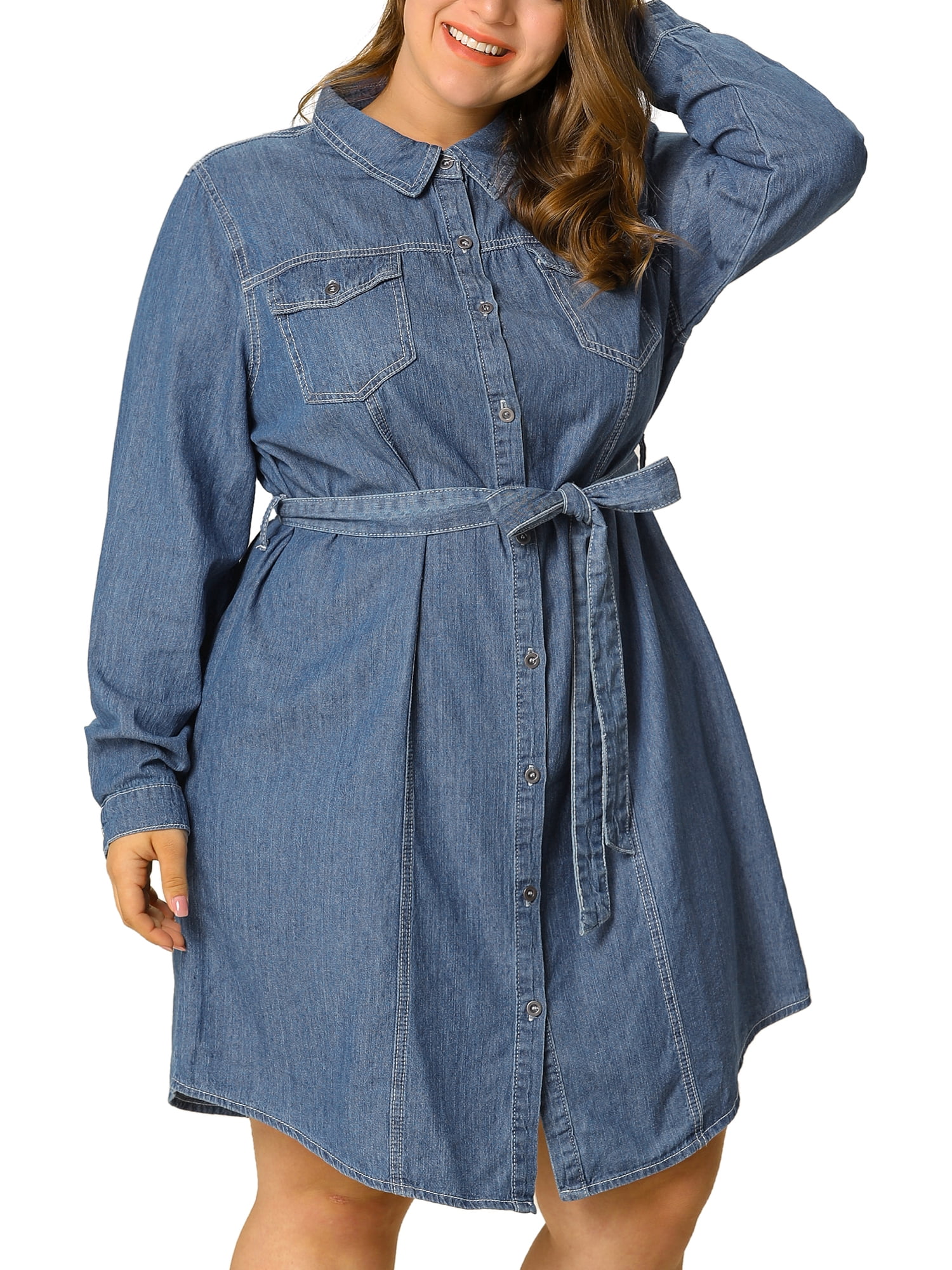 Women's Plus Size Long Sleeve Belted Above Knee Denim Shirt Dress