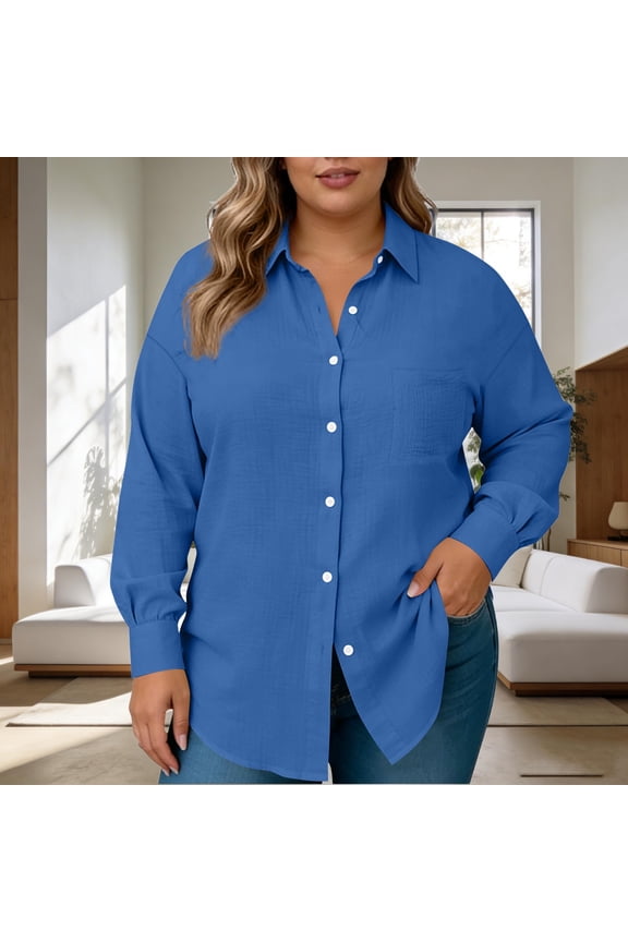 Women's Plus Size Long Sleeve Button Down Shirt with Classic Collar and Functional Pockets