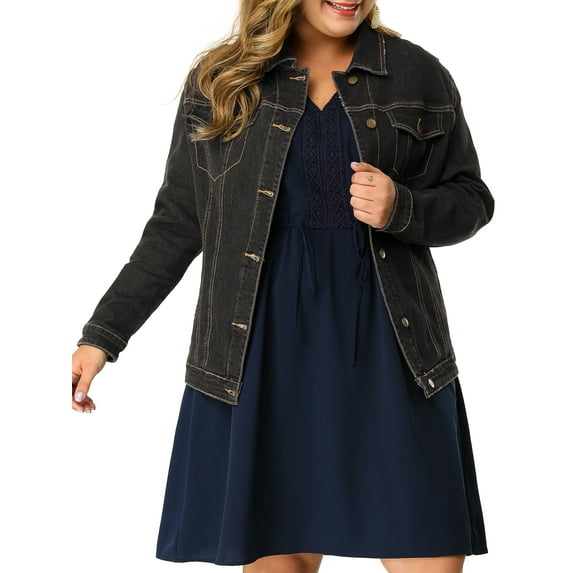 Women's Plus Size Long Sleeve Button Front Washed Denim Jacket