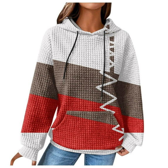Women's Plus Size Long Sleeve Color Block Hoodies Sweatshirts Long Sleeve Colorblock Drawstring Hooded Tops Pullover with Pocket