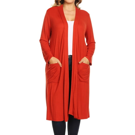 Moa Collection Women's Plus Size Long Sleeve Open Midi Cardigan, Female