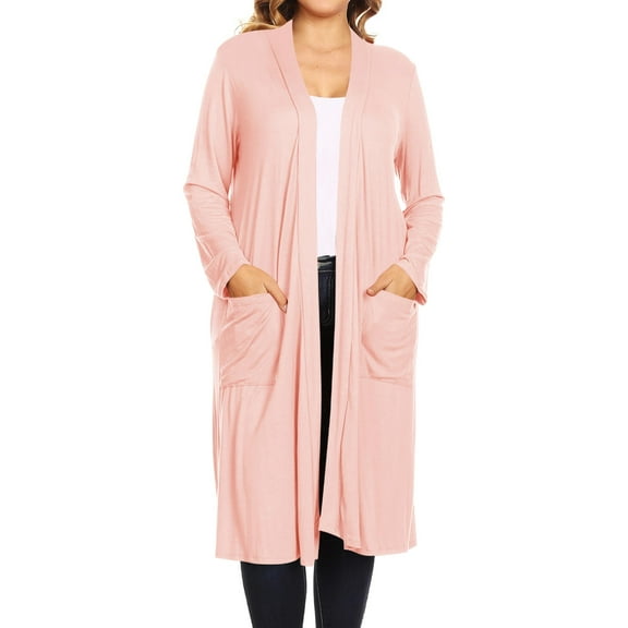 Moa Collection Women's Plus Size Long Sleeve Open Midi Cardigan, Female