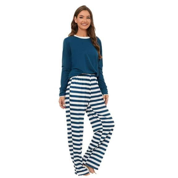 Women's Plus Size Long Sleeve Pants Set Fall Lounge Set Long Pants Pjs Winter Pajama Set Soft 2 Piece Comfy Sleepwear Warm Loose Dark Blue X-Large