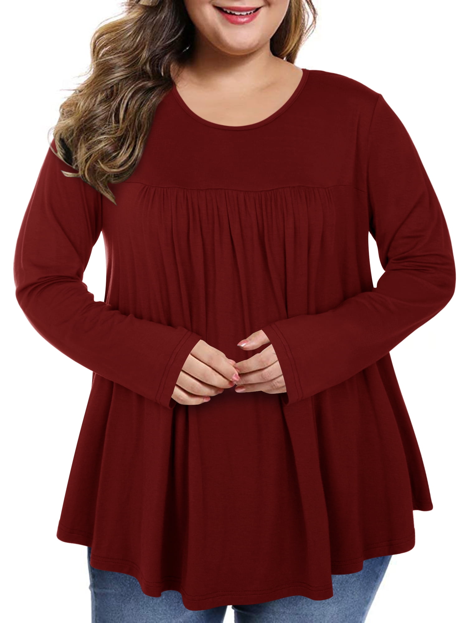Women's Plus Size Long Sleeve Pleated Shirts Flowy Scoop Neck Blouses