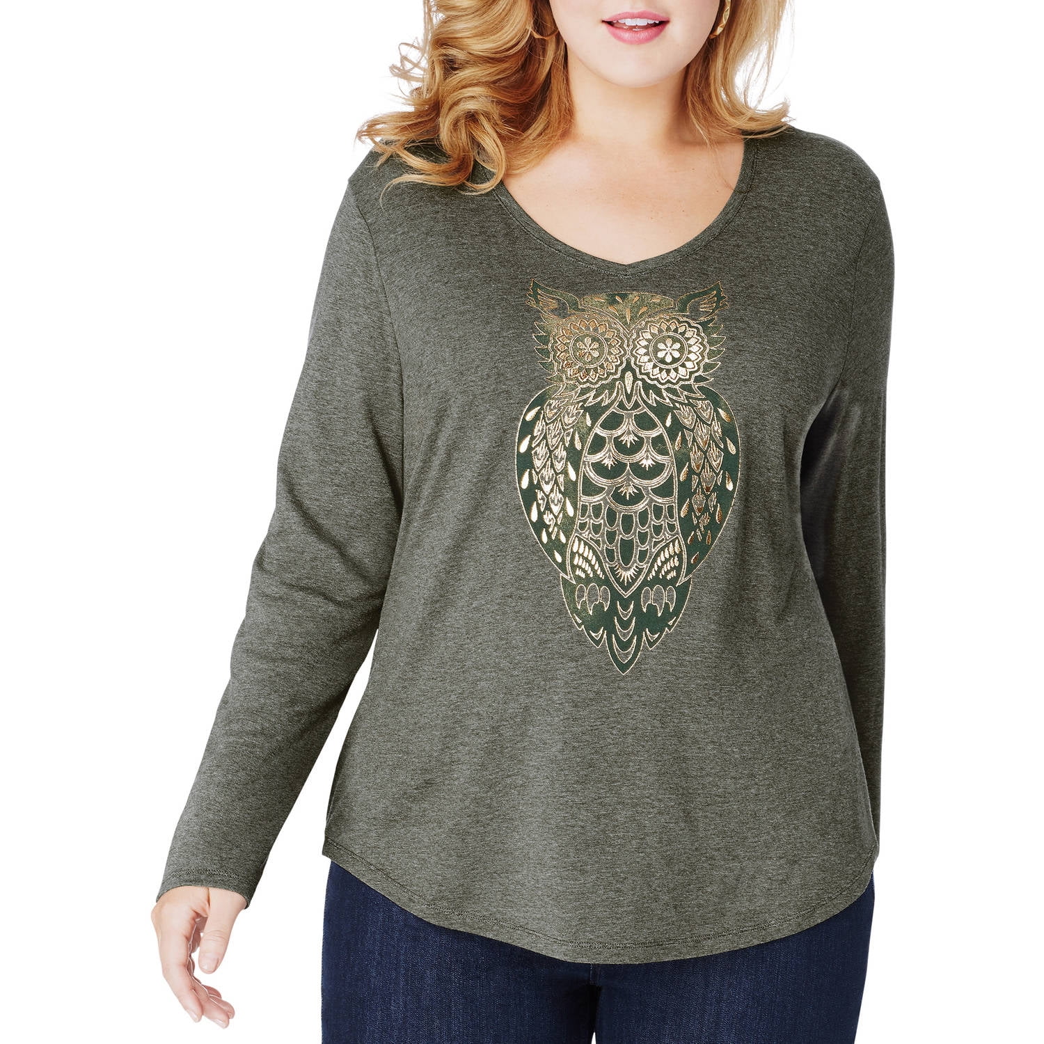 Plus Size Printed Long Tops For Women Full Sleeves T-shirts - Grey