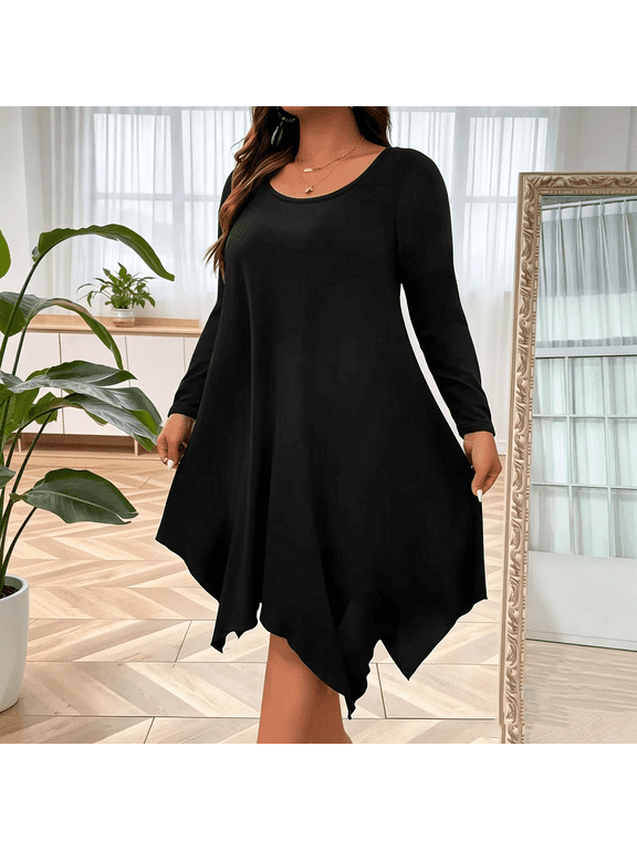 Women's Plus Size Long Sleeve Round Neck Midi Dress, Casual Irregular Hem Swing Tunic Dress, Loose Solid Color Elegant Dress for Daily Wear 01-Black S