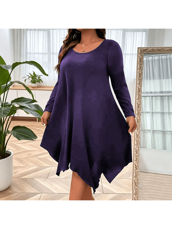 Women's Plus Size Long Sleeve Round Neck Midi Dress, Casual Irregular Hem Swing Tunic Dress, Loose Solid Color Elegant Dress for Daily Wear 03-Purple XL