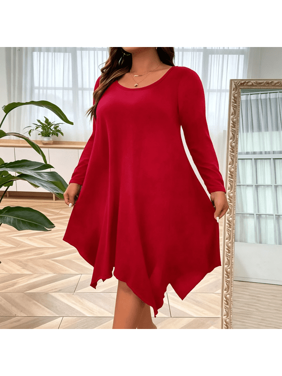 Women's Plus Size Long Sleeve Round Neck Midi Dress, Casual Irregular Hem Swing Tunic Dress, Loose Solid Color Elegant Dress for Daily Wear 04-Red S