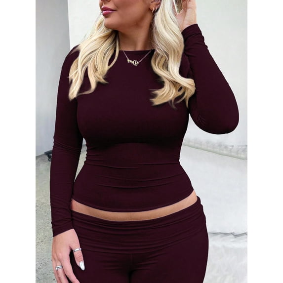Women's Plus Size Long Sleeve Round Neck Plain T-Shirt, Fitted Ruched Design for Summer and Winter