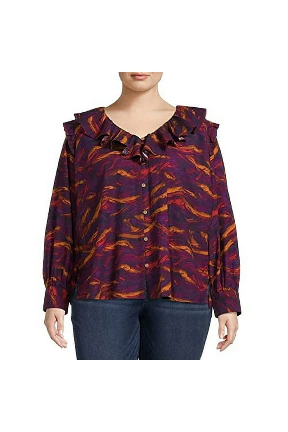 Women's Plus Size Long Sleeve Ruffle Top - Plum Night, 1X