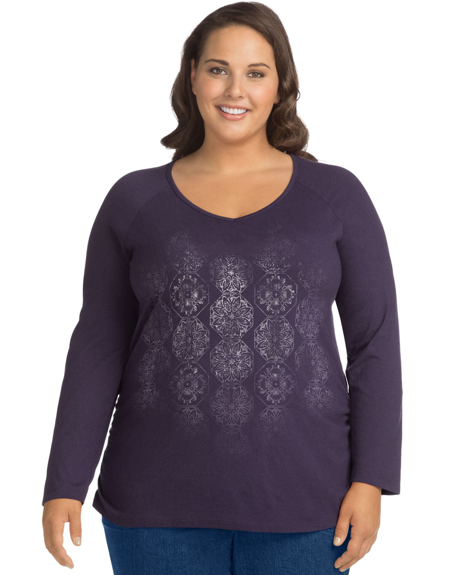 Women's Plus-Size Long Sleeve Side-Shirred Graphic Top - Walmart.com