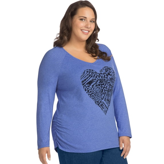 Women's Plus-Size Long Sleeve Side-Shirred Graphic Top
