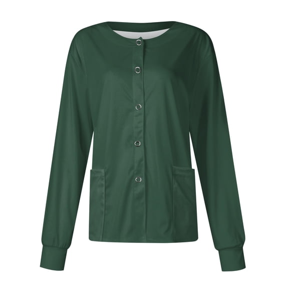Women's Plus Size Long Sleeve Snap Front Warm Up Scrub Jacket Round Neck Solid Print Medical Nursing Cardigan Uniform With Storage Pockets Dark Green 5XL