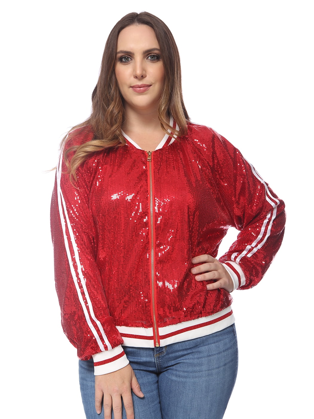 Women's Plus Size Long Sleeve Sparkle Sequin Jacket Zip Front Coat ...