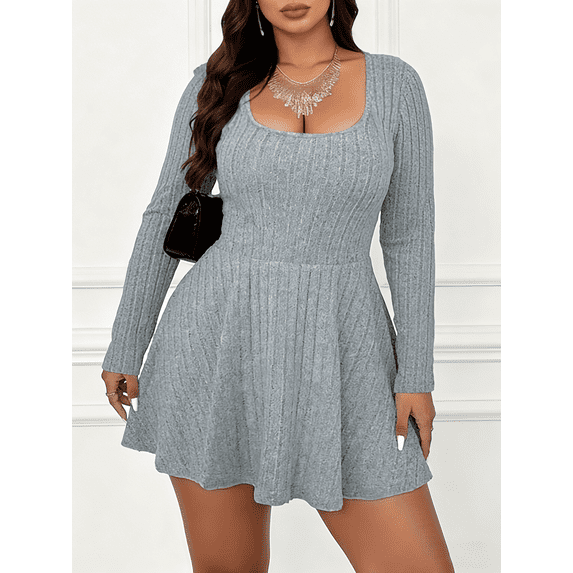 Women's Plus Size Long Sleeve Square Neck Ribbed Dress with Pockets A‑Line Mini Dress
